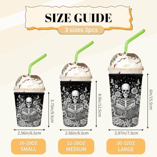 Skeleton Reading Iced Coffee Cup Sleeve 3-Pack - Gothic Book Lover Gift 01