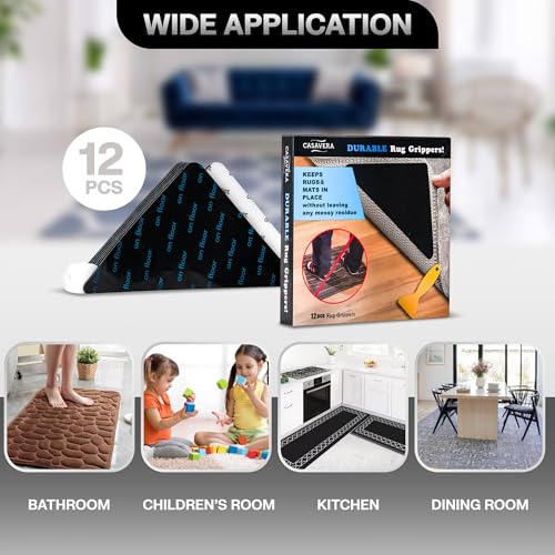 CASAVERA 12 Pcs Non-Slip Rug Grippers, Reusable Triangle Tape for Area Rugs