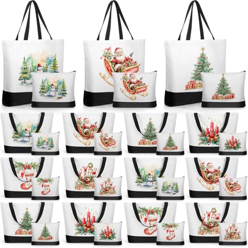 Christmas Canvas Tote and Makeup Bag Set - Snowman & Tree Design - 12 Pcs