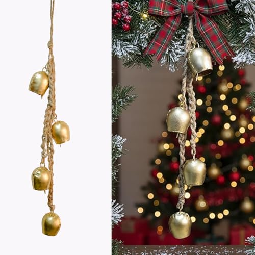 Christmas Hanging Large Cow Bells - Rustic Golden Metal Bells for Farmhouse, Garden & Holiday Décor (Medium Rope Set 4)