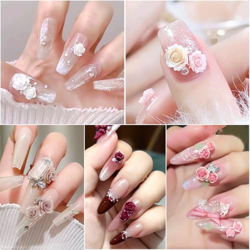 3D Flower Nail Charms with Pearls, Camellia Rose Floral Jewelry Set