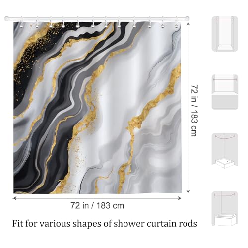 Luxury Black and Gold Marble Shower Curtain, 72x72, Waterproof