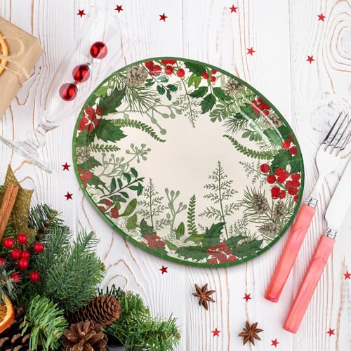 Christmas Oval Paper Plates Holly Berry Pine Cone Disposable Tableware 10x12 Inch - Pack of 50 - Holiday Party Decor
