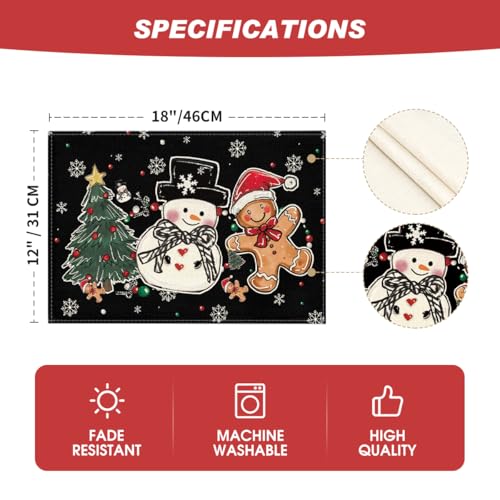 Black Snowman Tree Gingerbread Christmas Placemats Set of 4 - 12x18 Inch Seasonal Table Decor