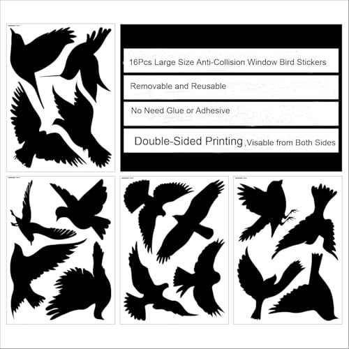 Black Bird Window Clings - 16 Piece Anti-Collision Decals for Glass