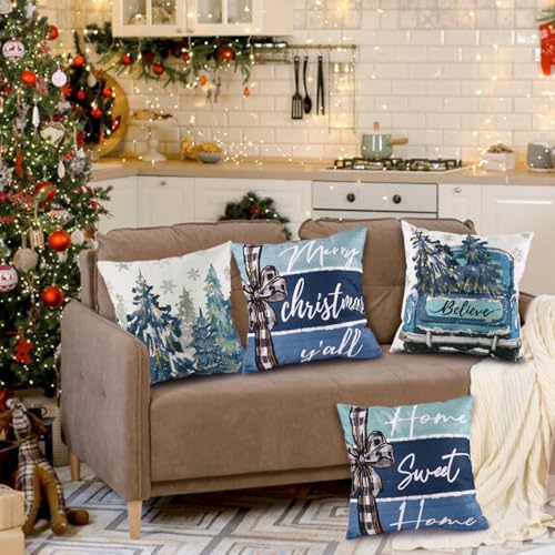 Heirloom Haven 4-Pack Christmas Pillow Covers 18x18in Blue Oil Painting Holiday Decor