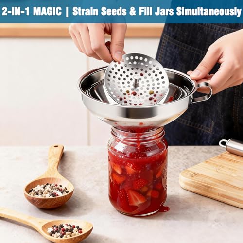 YUNFOOK 3-Piece Canning Funnel Set with Mesh Strainer - Stainless Steel for Wide & Regular Mouth Jars