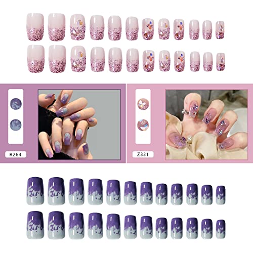 DOPI Long Soft Gel Acrylic Press On Nails - Purple Butterflies 24-Piece Kit