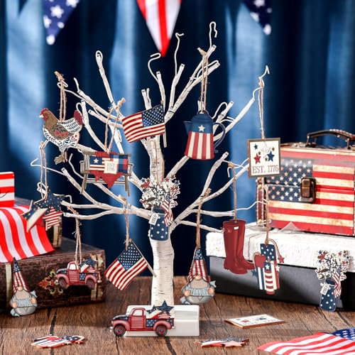 Patriotic Christmas Ornaments Set - Wooden 36 pcs Red White Blue Holiday Decor