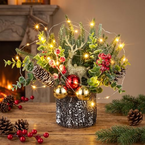 Christmas Centerpiece with Lights and Timer - Mini Tree with Reindeer, Pine Cones & Berries
