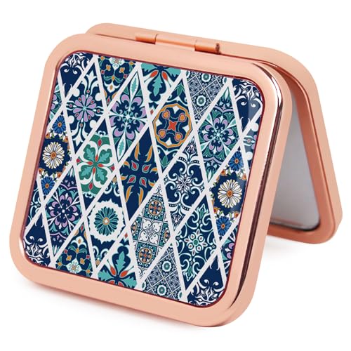 Purse Mirror Compact, Rose Gold Square Metal Pocket Mirror 1X/2X