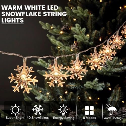 Christmas Snowflake Lights 20ft 40LED Warm White 8 Modes Battery Operated with Remote
