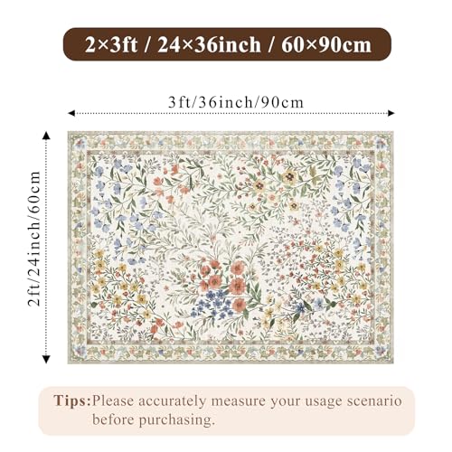 Beige Vintage Floral 2x3 Washable Area Rug - Non-Slip Soft Carpet