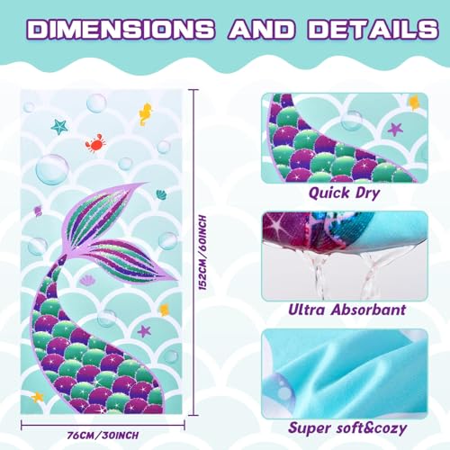WERNNSAI Mermaid Kids Beach Towel - Quick-Dry Microfiber 30"x60"