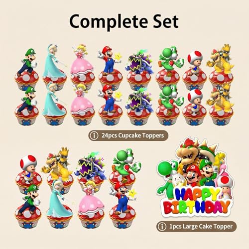 Mario Cake Decoration Set - 25Pcs with Cupcake Toppers & Birthday Topper