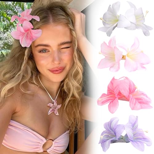 Hawaiian Flower Hair Clips 4PCS 3.9 Inch Double Plumeria Hibiscus Clips