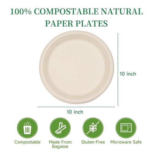 RACETOP Compostable Paper Plates 10 Inch [500 Pack], Disposable Biodegradable Heavy Duty Paper Plates, Made of Natural Sugarcane Fibers, Unbleached Brown, Round