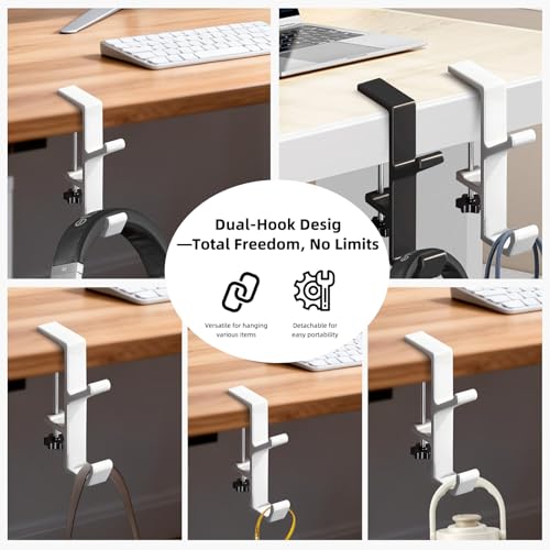 CaLeQi 1 Pcs Double Hook White Desk Mount Bag Holder Clamp - Versatile Organizer