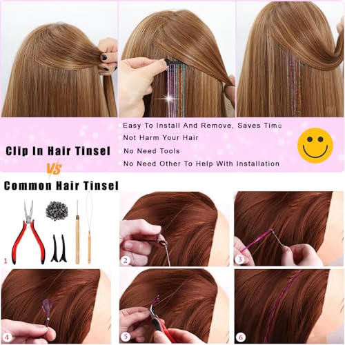 Nielp 18 Pcs Clip-In Hair Tinsel Extensions 20.5 Inch Rainbow Glitter Fairy Hair
