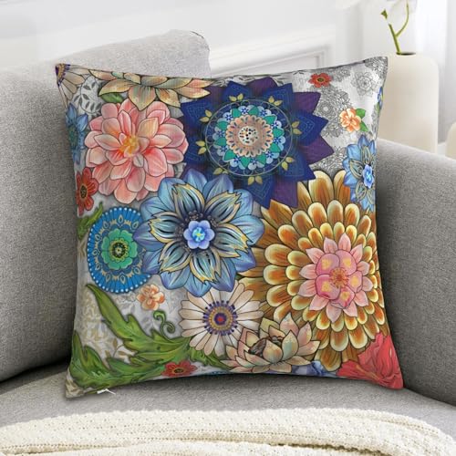 Bohemian Mandala Throw Pillow Cover 18x18 Inch - Colorful Floral, Boho Style, Double Sided Design