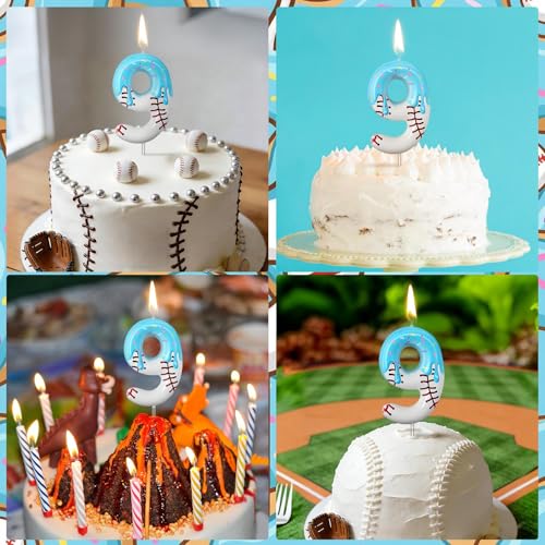 Number 9 Baseball Birthday Candle - Blue Ice Cream Drip Cake Topper