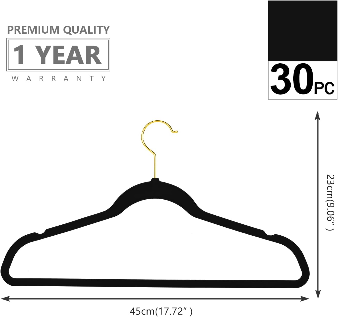 MIZGI Premium Velvet Hangers - 30 Heavy-Duty Non-Slip Slimline Suit Hangers - Black with Gold Hooks