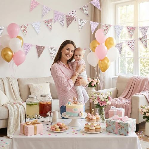 NatNarr 50Ft Pink Triangle Bunting Banner - 45 Pcs Cotton Fabric Flags