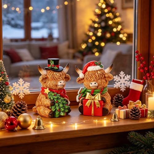Christmas Highland Cow Figurines Set - Resin Farmhouse Holiday Decorations