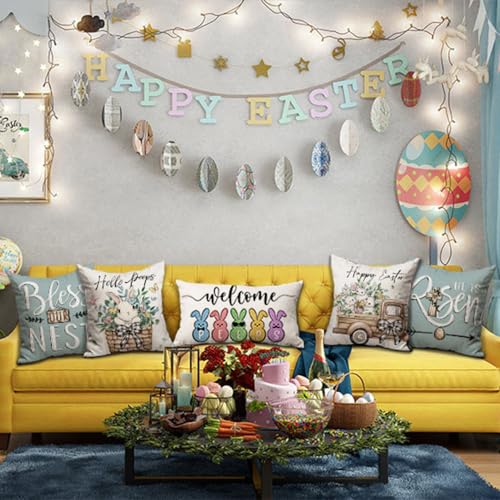 Easter Pillow Covers Set of 4 - 18x18 Bunny & Eucalyptus Decor