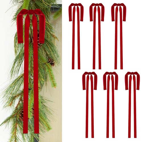 6 Red Velvet Christmas Bows for Holiday Decorations - 22.4x15"