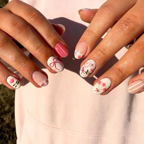 Short Almond French Tip Press On Nails with Heart and Bow Designs, 24Pcs