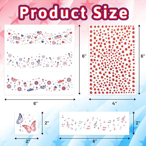 Fancy Land 4th of July Glitter Face Tattoos & Gem Stickers 27Pcs