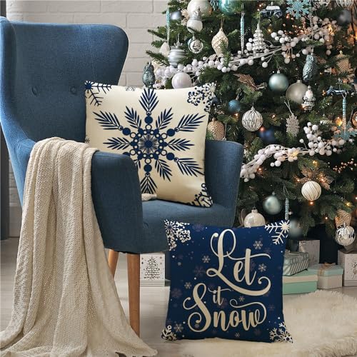 KISVODS Blue Christmas Pillow Covers 18x18, Set of 4 Winter Throw Cushions