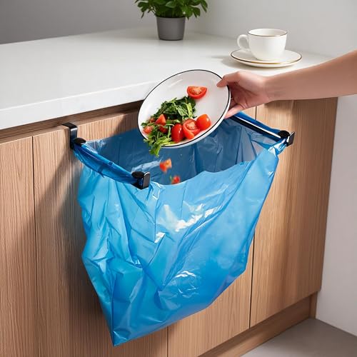 Black Trash Bag Holder for Kitchen Cabinets - Stainless Steel Hooks
