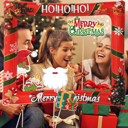 Christmas Photo Booth Props Set with Inflatable Selfie Frame - Holiday Party Decorations