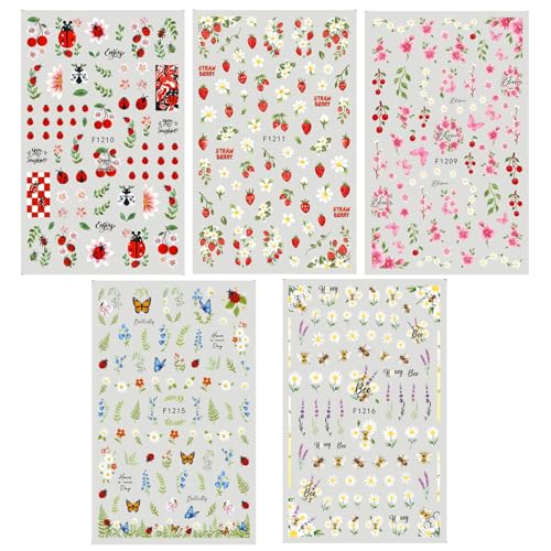 TailaiMei Flower and Insect Self-Adhesive Nail Art Decals, 5 Sheets