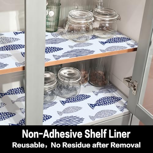 Terravue Non-Slip Shelf Liner - Blue Fish Pattern, 11.8" x 118.1"