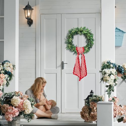 Red White Buffalo Plaid Wreath Sash - 54 Inch Cotton Ribbon Tie