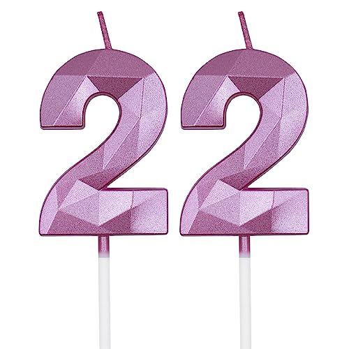 Pink 3D Diamond Number 22 Birthday Candles - Set of 2
