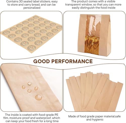 30 Pack Bread Paper Bags with Window & Labels - Homemade Bread Storage Bags