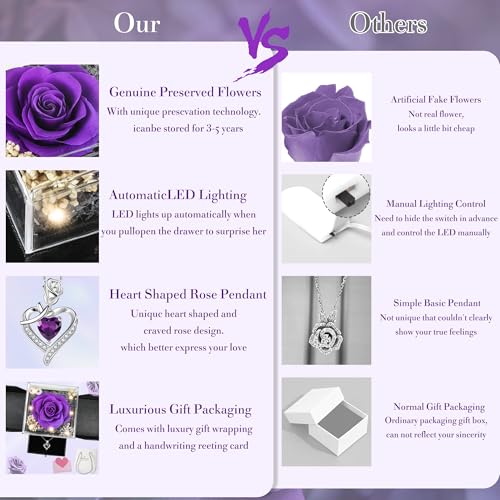 Purple Flower Rose Necklace with Automatic LED Lights - Sereney Preserved Flower