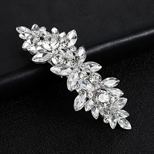 Crystal Rhinestone Hair Barrette Flower Design Silver Hair Clip