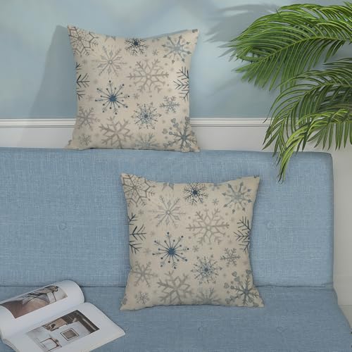 Christmas Pillow Covers 20x20 Inch Set of 2 - Blue Grey Snowflakes Holiday Decor