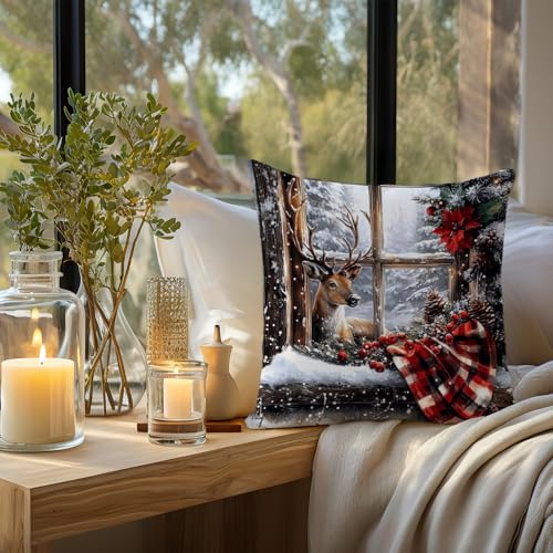 Winter Deer Reindeer Pillow Covers 18x18 Inches Farmhouse Holiday Decor