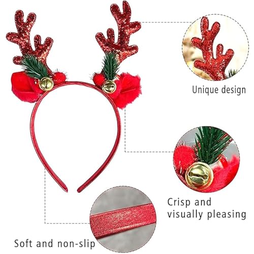 Xepeelo Red Antler Christmas Headband with Glitter Deer Ears and Bells