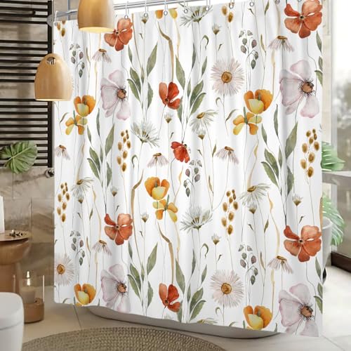 DASHAN Vintage Brown Floral Shower Curtain, 72x72 Inch Botanical Fabric