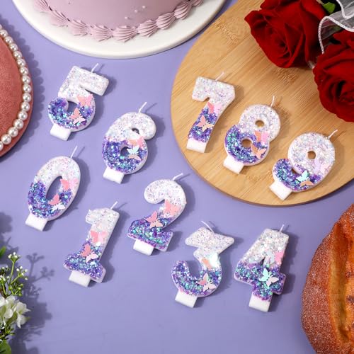 Purple Butterfly Glitter Number 3 Candle, 2.87 Inch Birthday Cake Topper