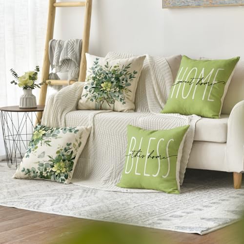 Eucalyptus Leaves Green Throw Pillow Covers - Set of 4, 18x18 Inch