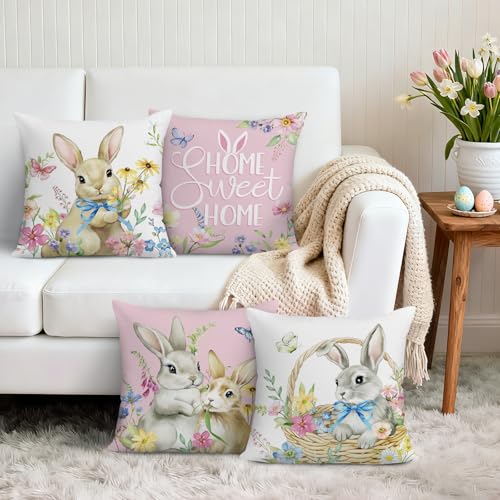Bonhause Spring Easter Bunny Pillow Covers Set of 4 18x18 Inch Pink Floral Rabbit Velvet Decor