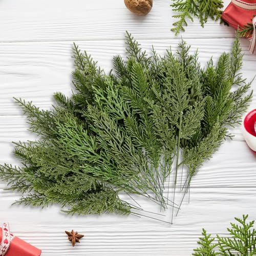 Artificial Pine Branches Set of 40 Assorted Faux Evergreen Stems for Christmas Wreaths & Garlands - Green